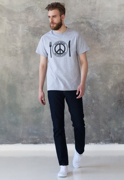 Vegan T Shirt Peace Begins On Your Plate Vegetarian Veggie Liberation Animal Rights Compassion Herbivore Peace Sign Mens Women's Printed Tee