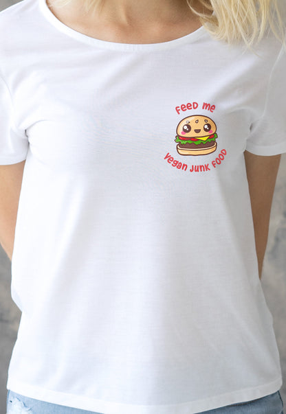 Feed Me Vegan Junk Food T Shirt - Kawaii Cute Animals Hamburger Cupcake Cake AF Adorable Be Kind Herbivore Womens Girls Graphic Printed Tee