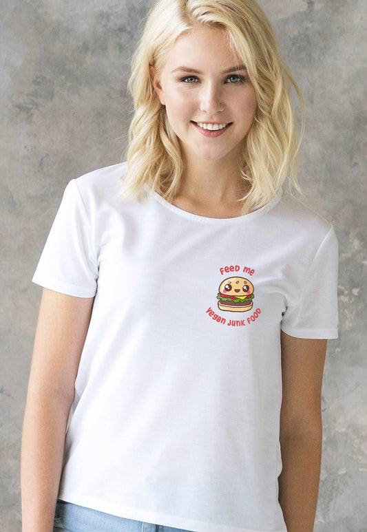 Feed Me Vegan Junk Food T Shirt - Kawaii Cute Animals Hamburger Cupcake Cake AF Adorable Be Kind Herbivore Womens Girls Graphic Printed Tee