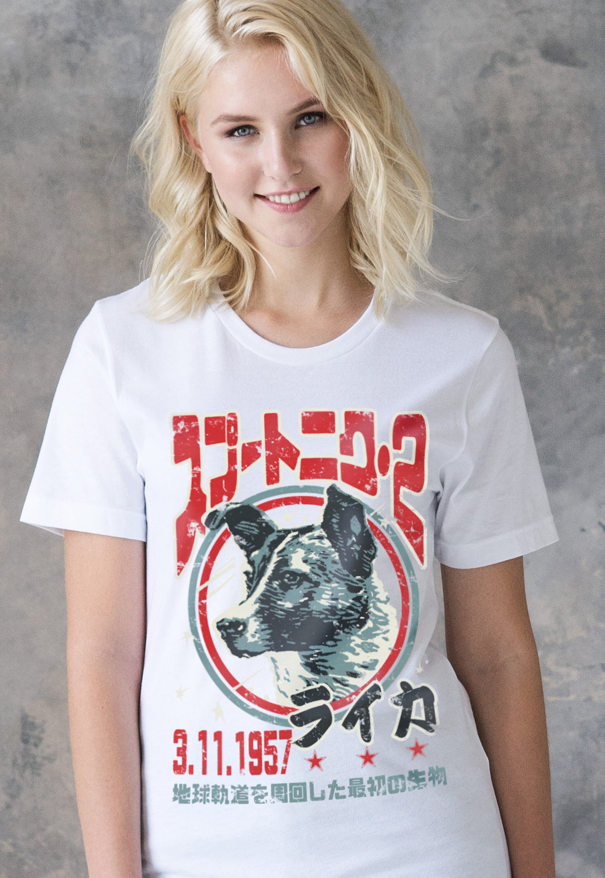 Laika The Space Dog T Shirt Japanese Soviet Retro Sci-Fi Engineer Women in STEM Science Math Astronomy Astrophysics Womens Mens Printed Tee
