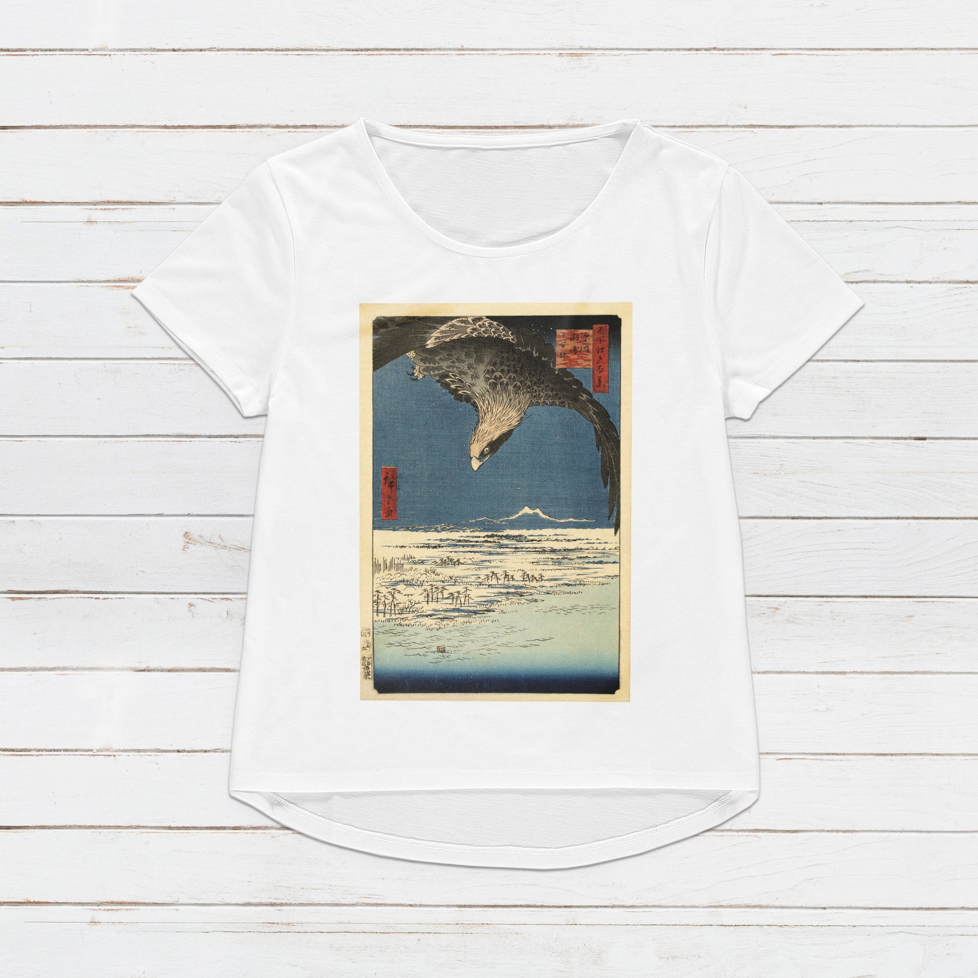 Japanese Ukiyo-e T Shirt Woodblock Art Utagawa Hiroshige Japan Hawk Falcon Traditional Kanji Calligraphy Womens Mens Graphic Printed Tee Top