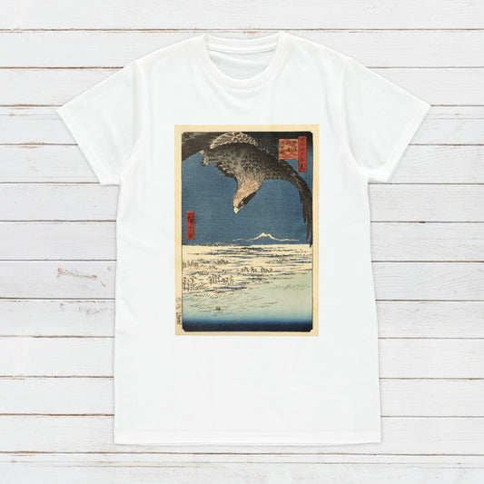 Japanese Ukiyo-e T Shirt Woodblock Art Utagawa Hiroshige Japan Hawk Falcon Traditional Kanji Calligraphy Womens Mens Graphic Printed Tee Top
