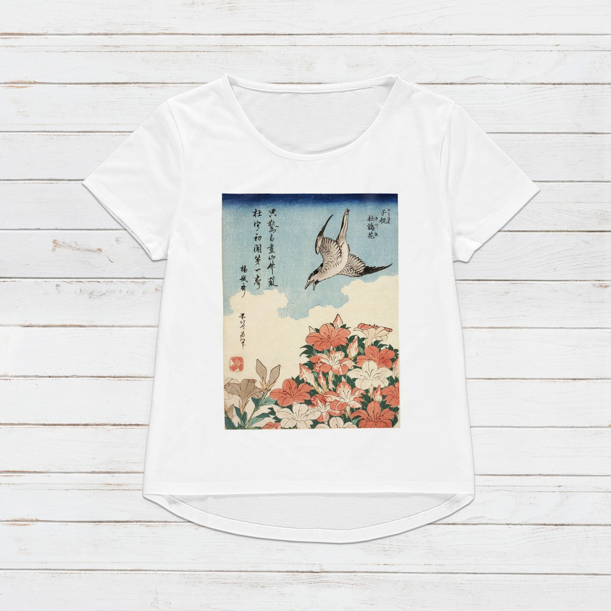 Japanese Ukiyo-e T Shirt Woodblock Art Katsushika Hokusai Flowers Bird Japan Traditional Kanji Calligraphy Womens Mens Graphic Printed Tee
