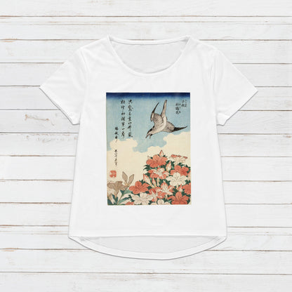 Japanese Ukiyo-e T Shirt Woodblock Art Katsushika Hokusai Flowers Bird Japan Traditional Kanji Calligraphy Womens Mens Graphic Printed Tee