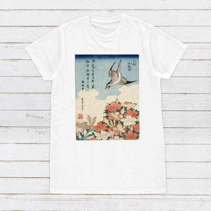 Japanese Ukiyo-e T Shirt Woodblock Art Katsushika Hokusai Flowers Bird Japan Traditional Kanji Calligraphy Womens Mens Graphic Printed Tee
