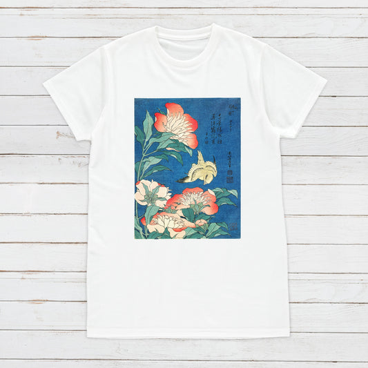 Japanese Ukiyo-e T Shirt Woodblock Art Hokusai Flowers Peonies Bird Japan Traditional Kanji Calligraphy Cute Womens Mens Graphic Printed Tee