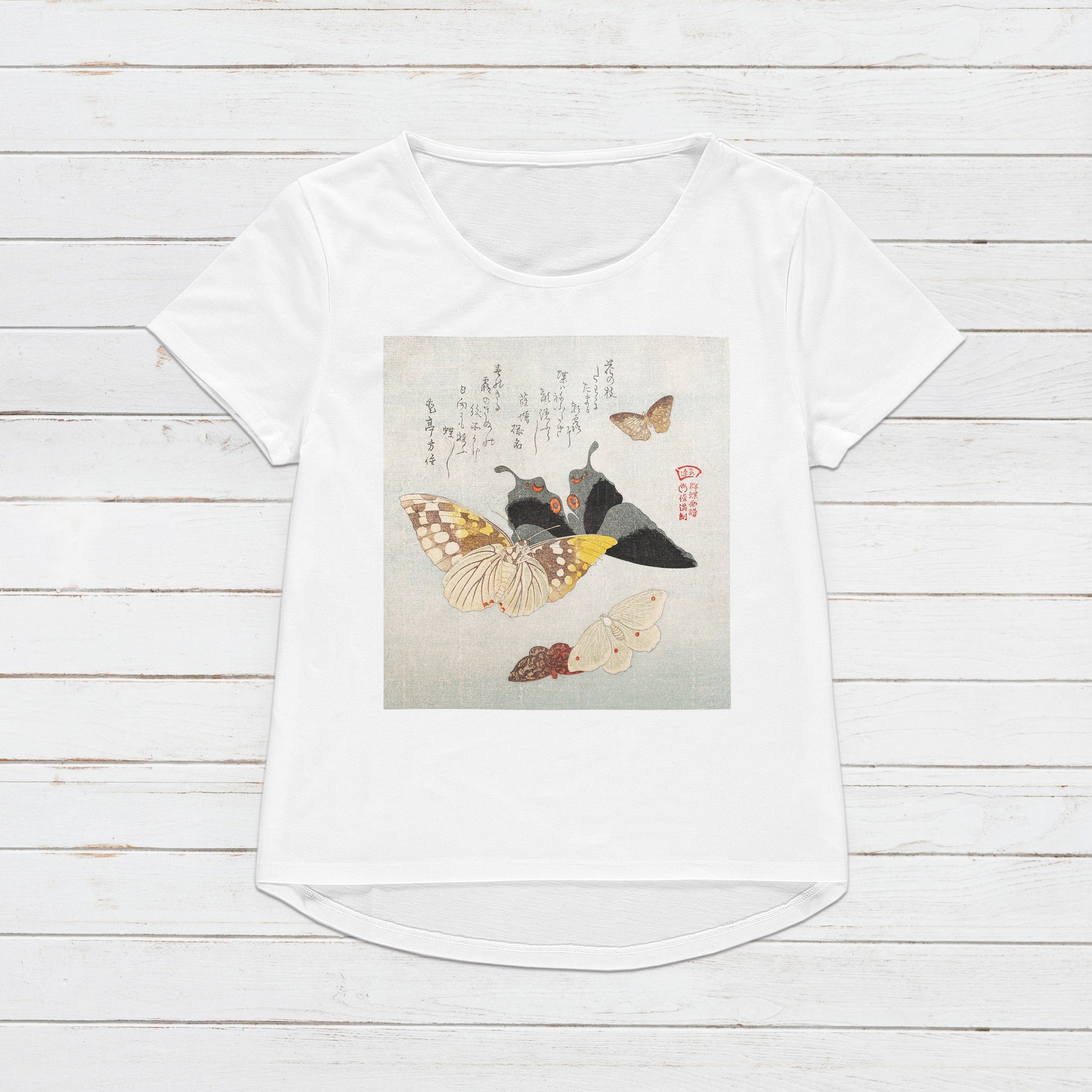 Japanese Ukiyo-e T Shirt Woodblock Art Flowers Butterflies Butterfly Japan Traditional Kanji Calligraphy Womens Mens Graphic Printed Tee Top
