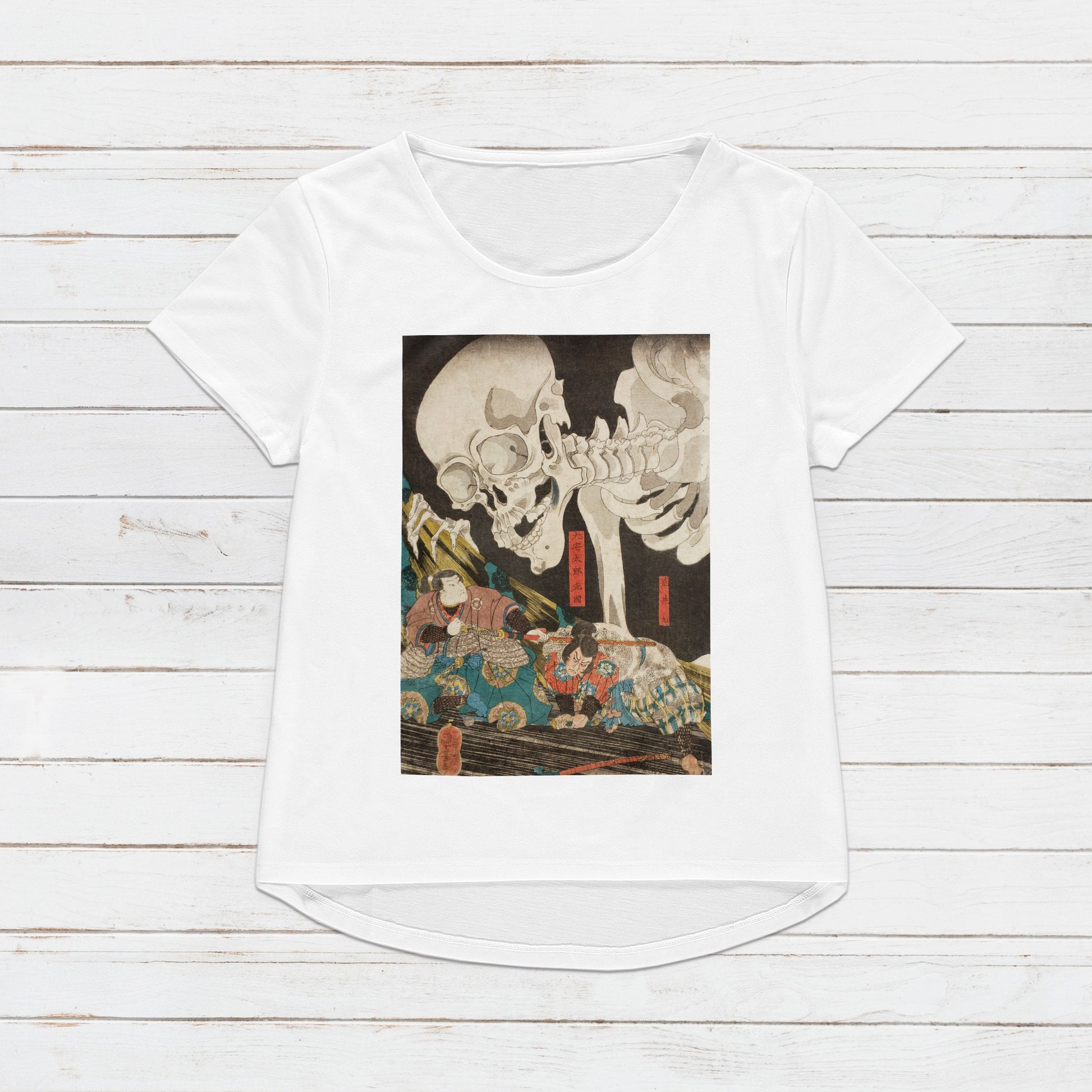 Japanese Ukiyo-e T Shirt Woodblock Art Utagawa Kuniyoshi Mitsukuni and the Skeleton Specter Japan Kanji Calligraphy Womens Mens Printed Tee
