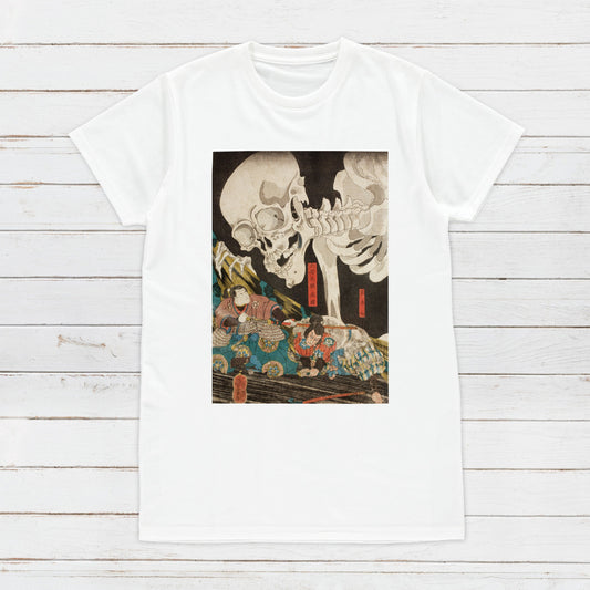 Japanese Ukiyo-e T Shirt Woodblock Art Utagawa Kuniyoshi Mitsukuni and the Skeleton Specter Japan Kanji Calligraphy Womens Mens Printed Tee