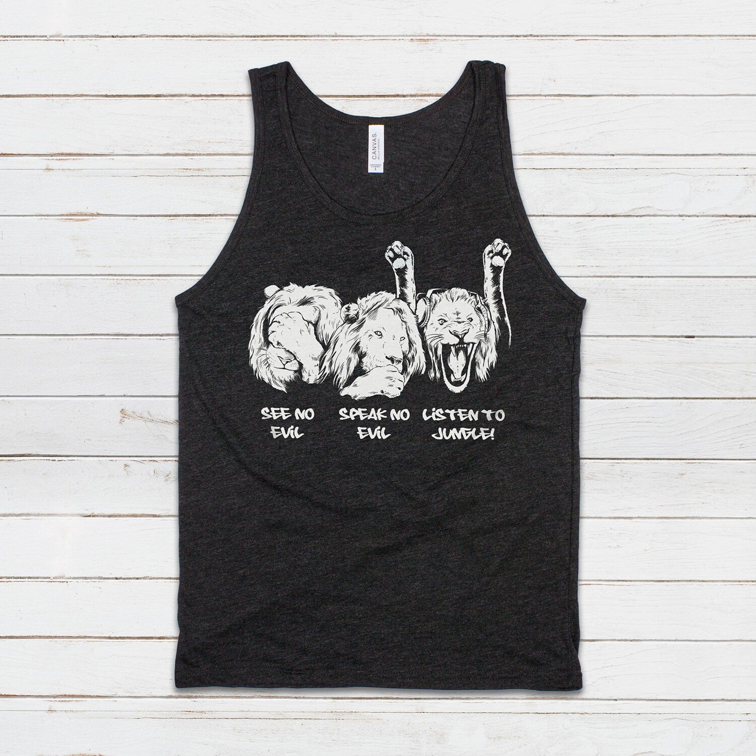 Listen To Jungle Lions Tank Top Junglist See Hear Speak No Evil Drum and Bass DJ & n Synth Music Festival Gym Mens Womens Printed Cami Vest