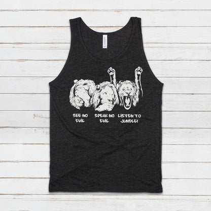 Listen To Jungle Lions Tank Top Junglist See Hear Speak No Evil Drum and Bass DJ & n Synth Music Festival Gym Mens Womens Printed Cami Vest