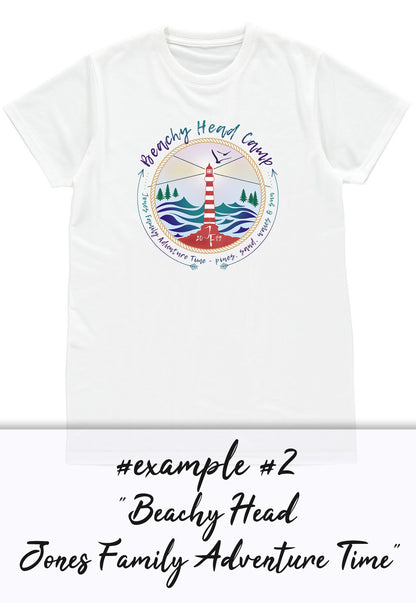 Custom Vacation T Shirt Family Adventure Personalized Name Message Text Country Beach Camping BBQ Lighthouse Airplane Squad Women's Mens Tee