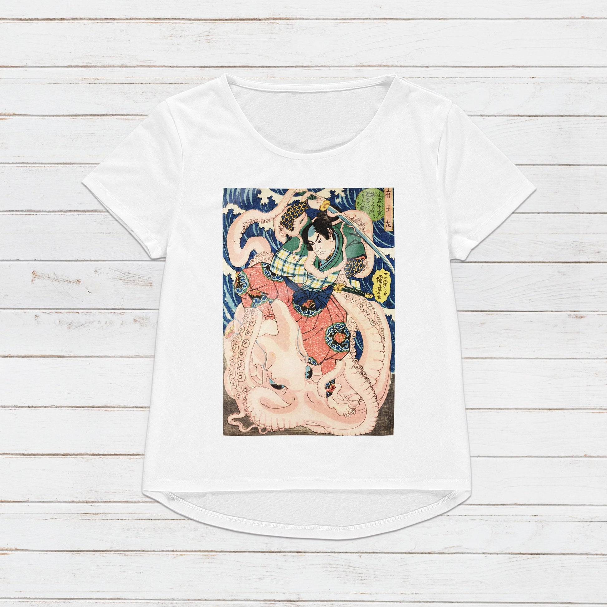 Japanese Ukiyo-e T Shirt Woodblock Art Utagawa Kuniyoshi Samurai Octopus Japan Traditional Kanji Calligraphy Womens Mens Graphic Printed Tee