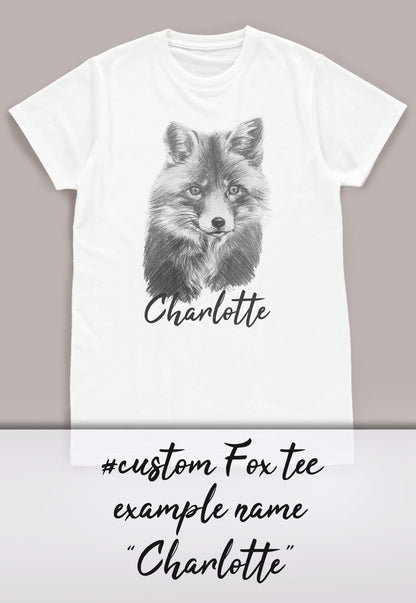 Custom Name Fox T Shirt Personalised Your Message Artist Pencil Sketch Drawing Cub Vegan Animal Cute Forest Nature Men's Women's Printed Tee