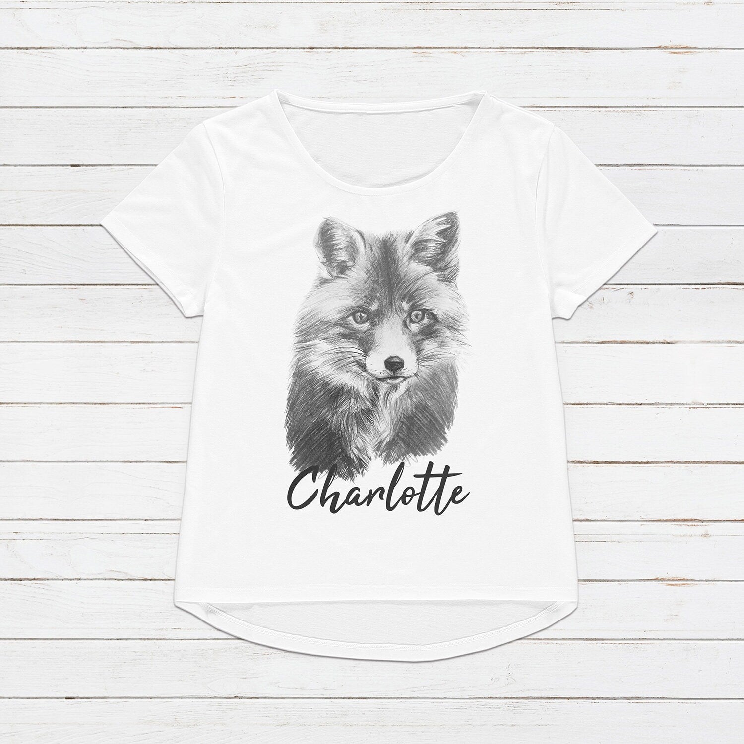 Custom Name Fox T Shirt Personalised Your Message Artist Pencil Sketch Drawing Cub Vegan Animal Cute Forest Nature Men's Women's Printed Tee