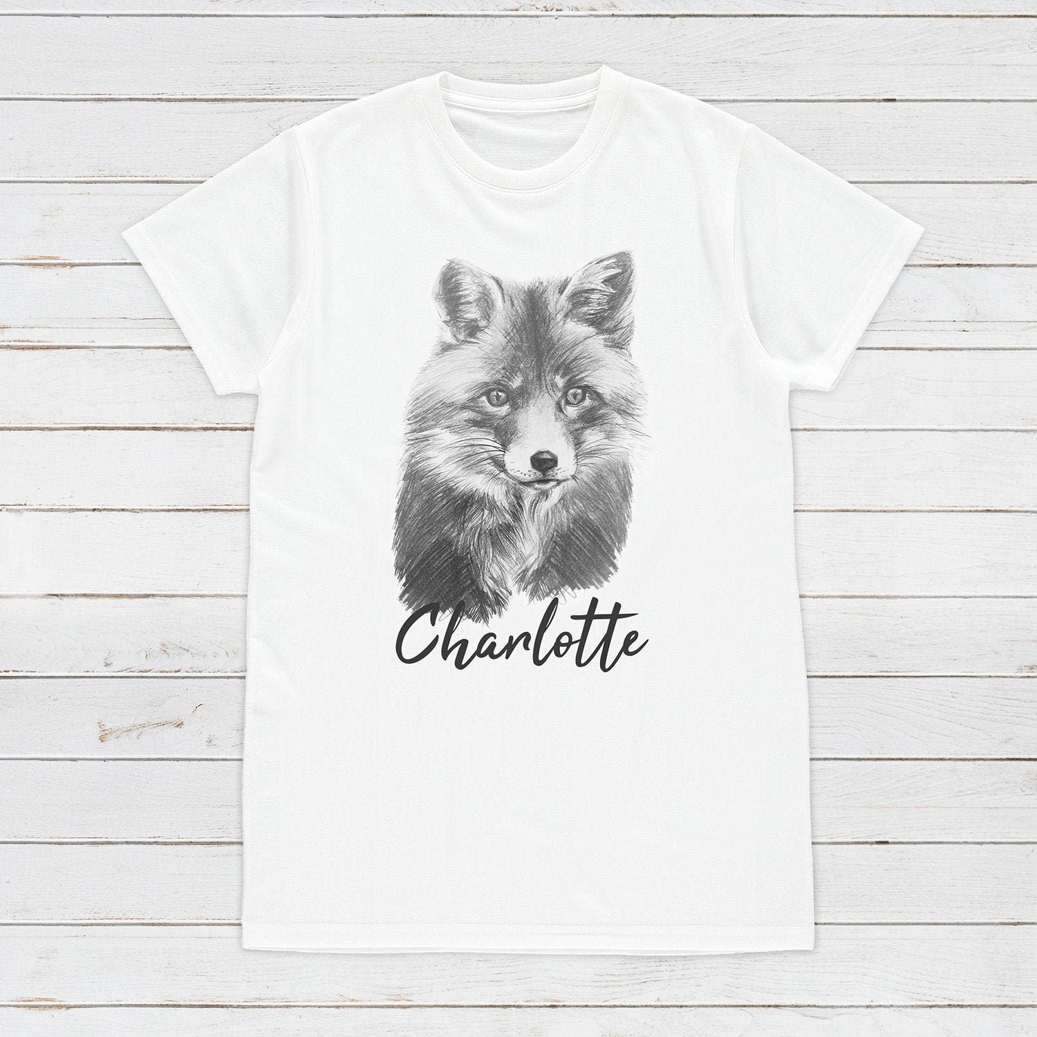 Custom Name Fox T Shirt Personalised Your Message Artist Pencil Sketch Drawing Cub Vegan Animal Cute Forest Nature Men's Women's Printed Tee