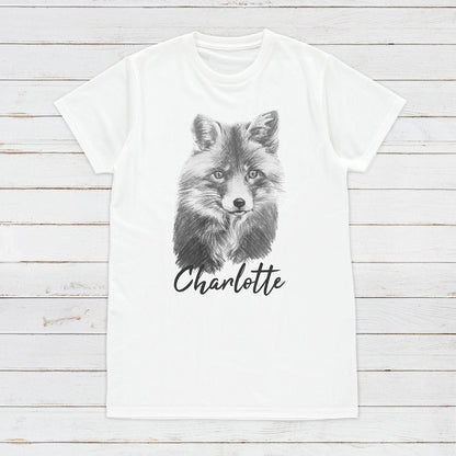 Custom Name Fox T Shirt Personalised Your Message Artist Pencil Sketch Drawing Cub Vegan Animal Cute Forest Nature Men's Women's Printed Tee
