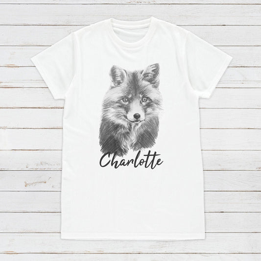 Custom Name Fox T Shirt Personalised Your Message Artist Pencil Sketch Drawing Cub Vegan Animal Cute Forest Nature Men's Women's Printed Tee
