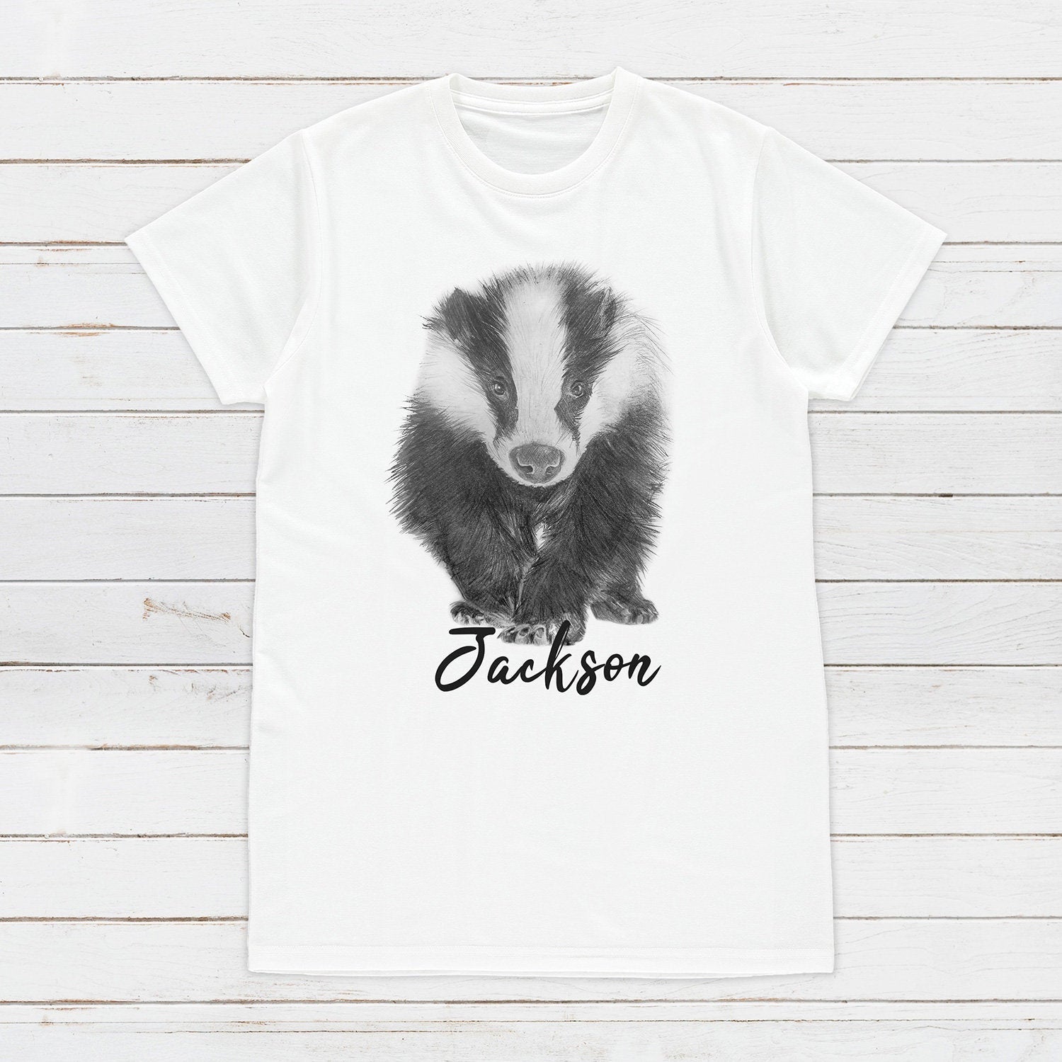 Custom Name Badger T Shirt Personalised Your Message Artist Pencil Sketch Drawing Vegan Animal Cute Forest Nature Men's Women's Printed Tee