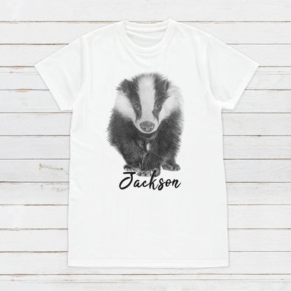 Custom Name Badger T Shirt Personalised Your Message Artist Pencil Sketch Drawing Vegan Animal Cute Forest Nature Men's Women's Printed Tee