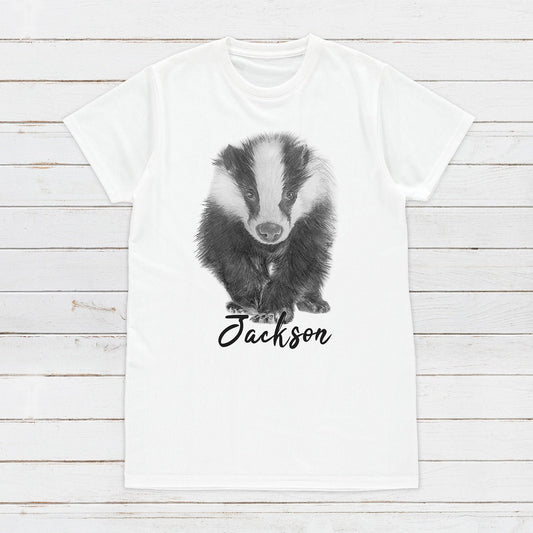 Custom Name Badger T Shirt Personalised Your Message Artist Pencil Sketch Drawing Vegan Animal Cute Forest Nature Men's Women's Printed Tee