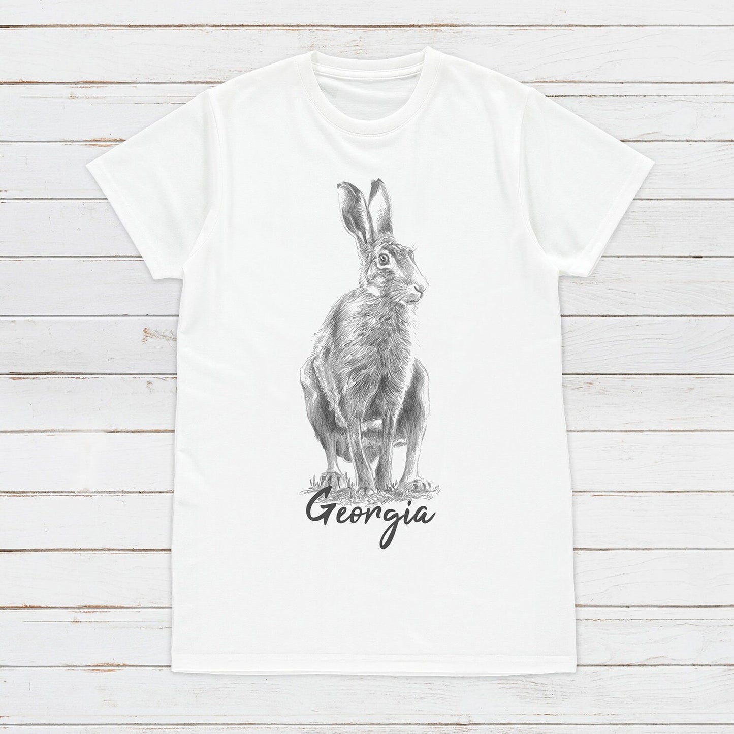Custom Name Hare T Shirt Personalized Your Text Artist Pencil Sketch Drawing Rabbit Bunny Vegan Animal Cute Nature Men's Women's Printed Tee