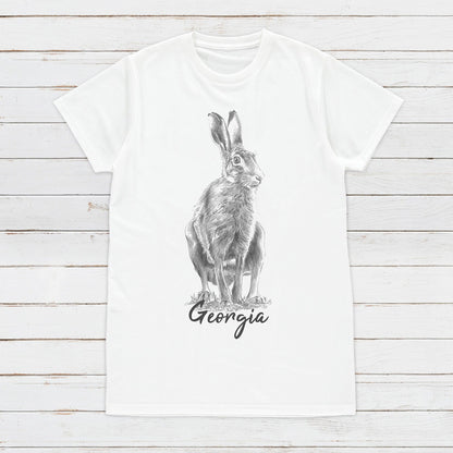 Custom Name Hare T Shirt Personalized Your Text Artist Pencil Sketch Drawing Rabbit Bunny Vegan Animal Cute Nature Men's Women's Printed Tee