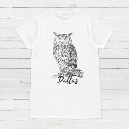 Custom Name Owl T Shirt Personalized Your Text Artist Pencil Sketch Drawing Art Bird Vegan Animal Cute Pretty Nature Mens Womens Printed Tee