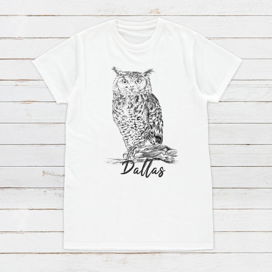Custom Name Owl T Shirt Personalized Your Text Artist Pencil Sketch Drawing Art Bird Vegan Animal Cute Pretty Nature Mens Womens Printed Tee