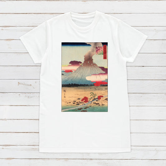 Japanese Ukiyo-e T Shirt Woodblock Art Hiroshige II 2 Mountain Asama Japan Traditional Kanji Calligraphy Womens Mens Graphic Printed Tee