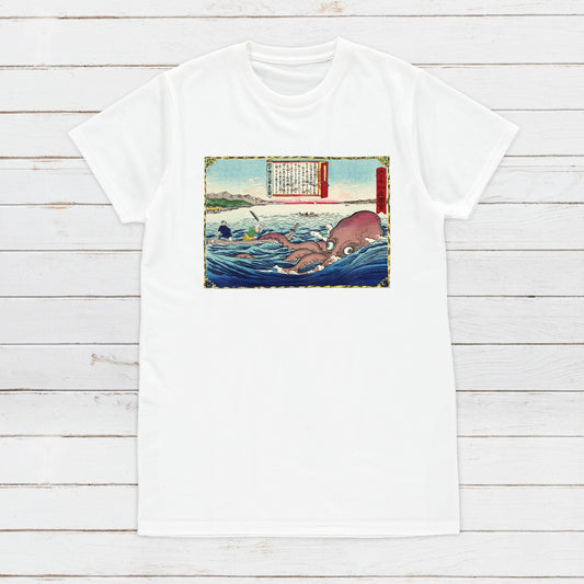 Japanese Ukiyo-e T Shirt Woodblock Art Hiroshige 3 III Octopus Japan Traditional Retro Kanji Calligraphy Womens Mens Graphic Printed Tee Top