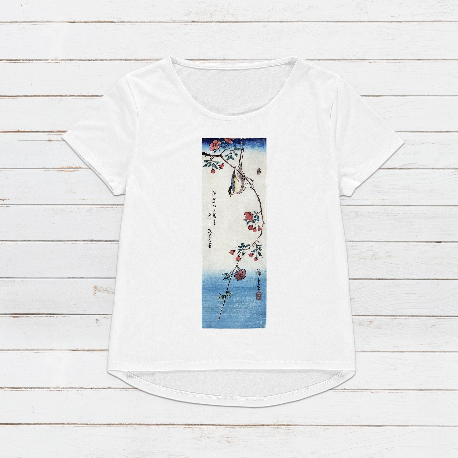 Japanese Ukiyo-e T Shirt Woodblock Art Hiroshige Flowers Bird Sakura Japan Traditional Kanji Calligraphy Womens Mens Graphic Printed Tee