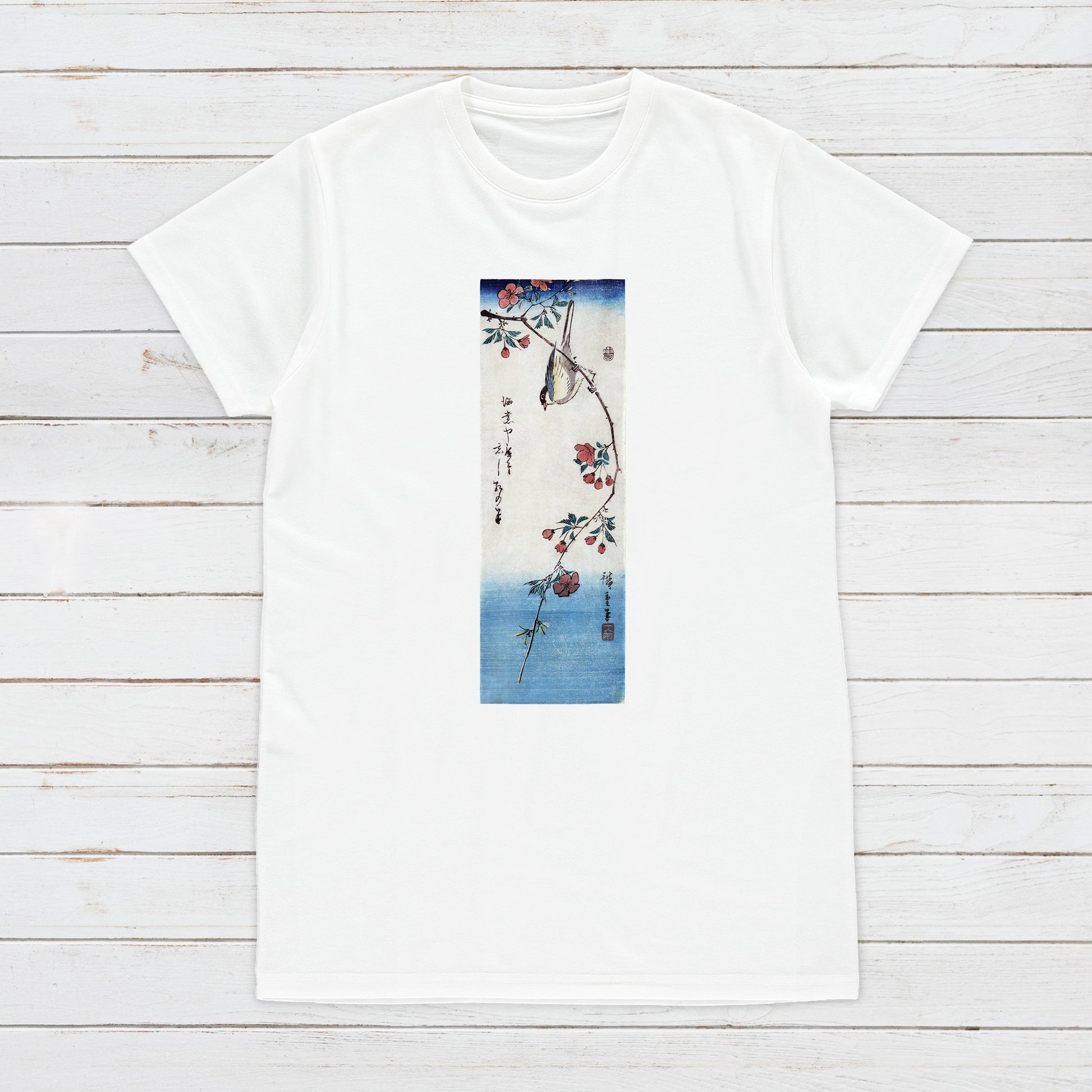 Japanese Ukiyo-e T Shirt Woodblock Art Hiroshige Flowers Bird Sakura Japan Traditional Kanji Calligraphy Womens Mens Graphic Printed Tee