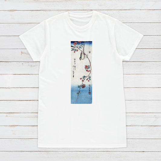 Japanese Ukiyo-e T Shirt Woodblock Art Hiroshige Flowers Bird Sakura Japan Traditional Kanji Calligraphy Womens Mens Graphic Printed Tee
