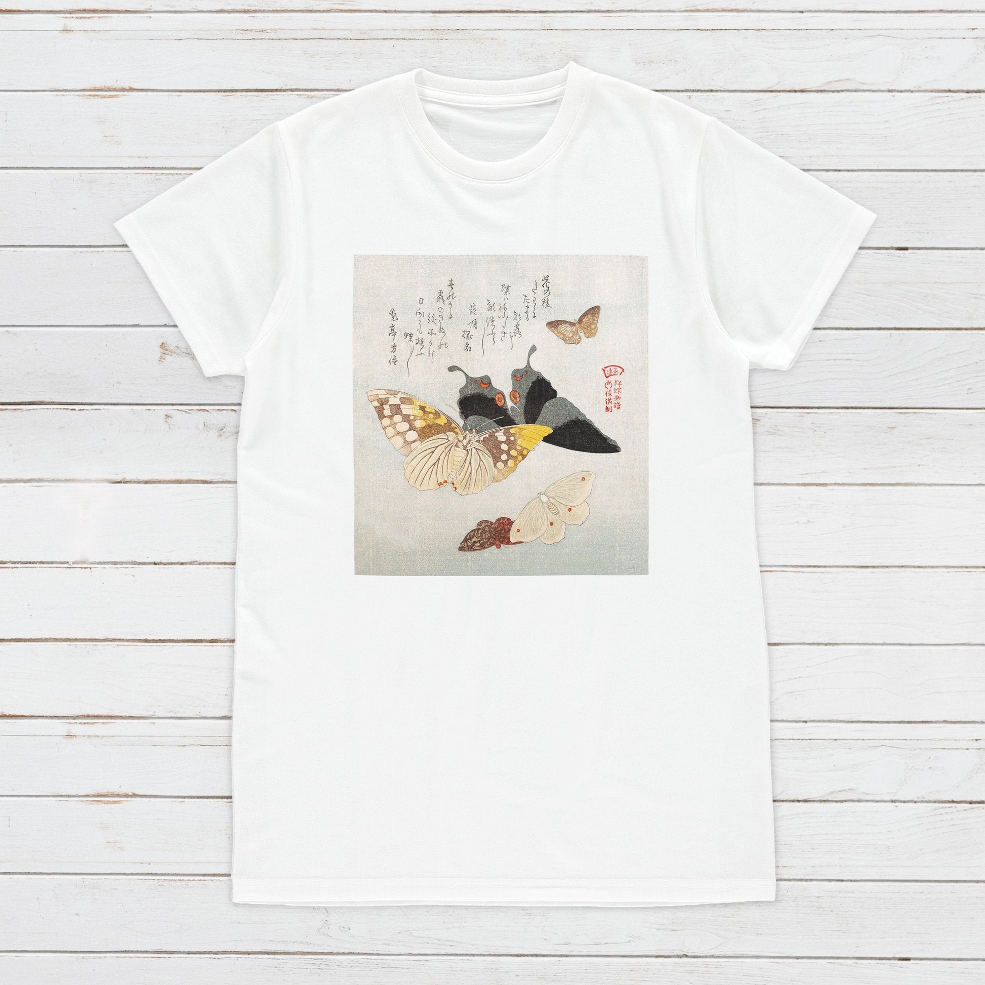 Japanese Ukiyo-e T Shirt Woodblock Art Flowers Butterflies Butterfly Japan Traditional Kanji Calligraphy Womens Mens Graphic Printed Tee Top