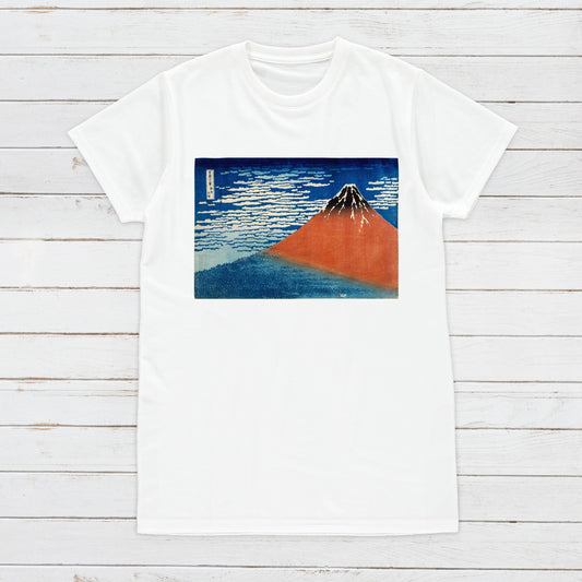 Japanese Ukiyo-e T Shirt Woodblock Art Hokusai Mount Red Fuji Gaifu Kaisei Print Japan Kanji Calligraphy Womens Mens Graphic Printed Tee