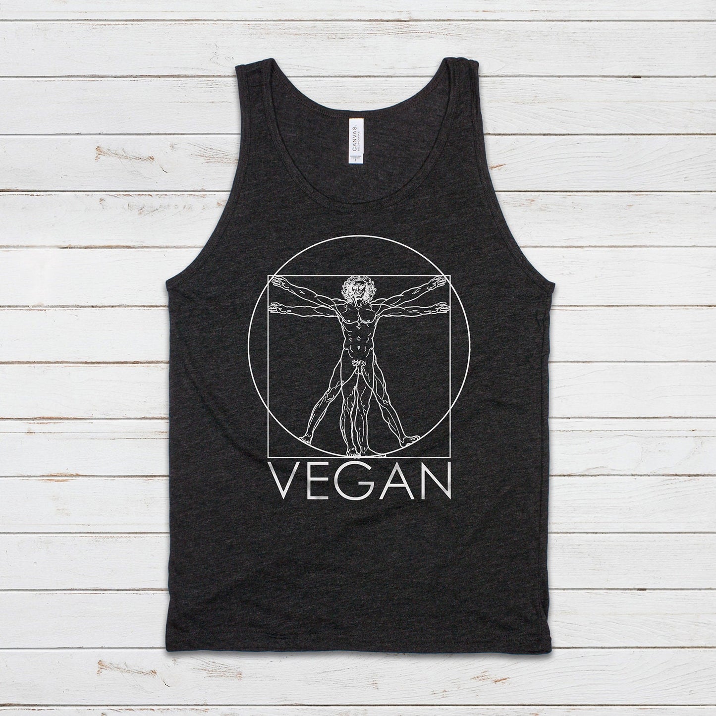 Vegan Tank Top Subtle Understated Da Vinci Vitruvian Man Sketch Drawing Art Geometric AF ALF Animal Rights Mens Womens Printed Vest Cami Tee