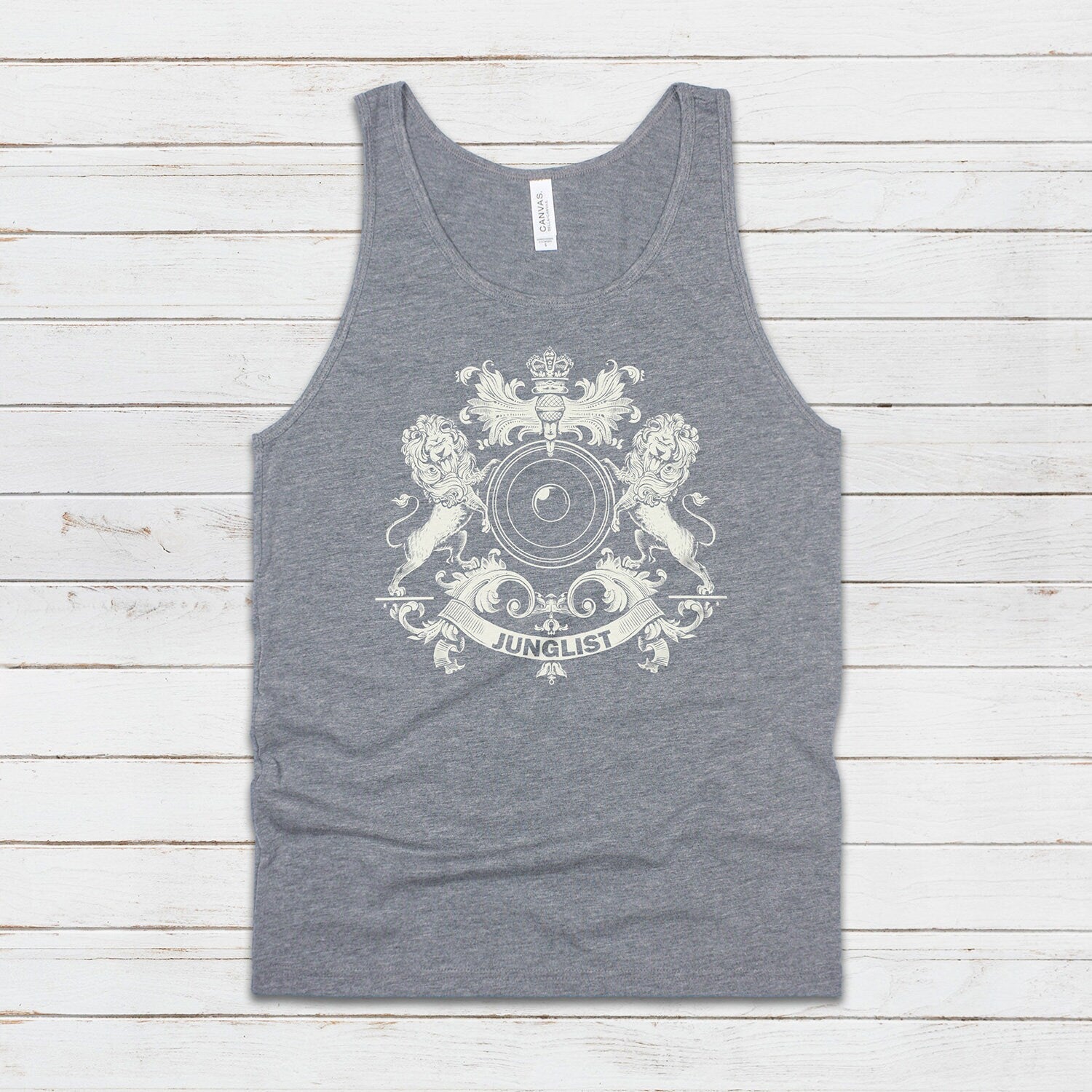 Junglist Coat Of Arms Tank Top Jungle Crest Lion Heraldry Drum and Bass DJ & Synth Music Producer Festival Mens Womens Printed Cami Vest Tee