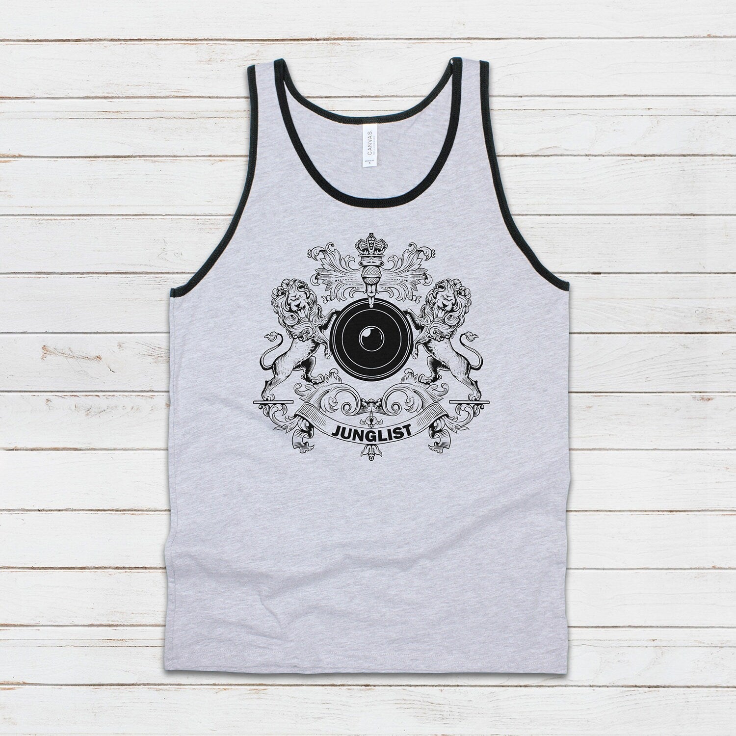 Junglist Coat Of Arms Tank Top Jungle Crest Lion Heraldry Drum and Bass DJ & Synth Music Producer Festival Mens Womens Printed Cami Vest Tee