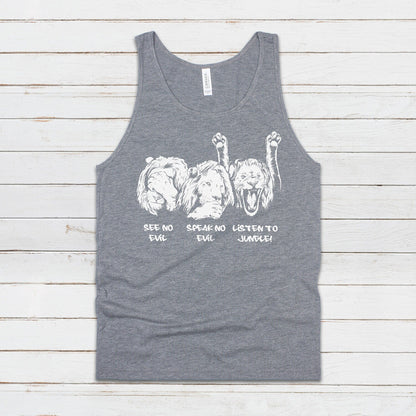 Listen To Jungle Lions Tank Top Junglist See Hear Speak No Evil Drum and Bass DJ & n Synth Music Festival Gym Mens Womens Printed Cami Vest