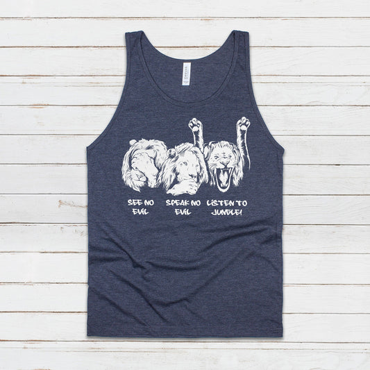 Listen To Jungle Lions Tank Top Junglist See Hear Speak No Evil Drum and Bass DJ & n Synth Music Festival Gym Mens Womens Printed Cami Vest