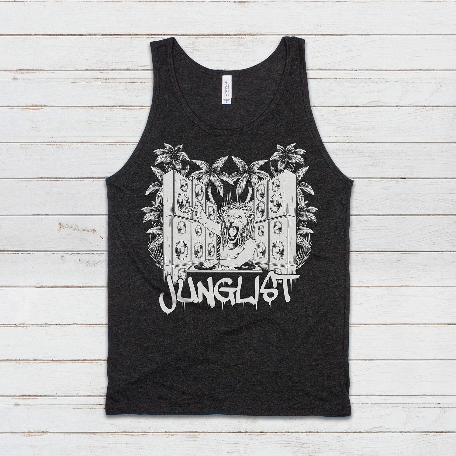 Junglist Lion DJ Tank Top Jungle Drum and Bass Dubstep & n Synth Music EDM Deck Festival Gym Mens Womens Graphic Screen Printed Cami Vest