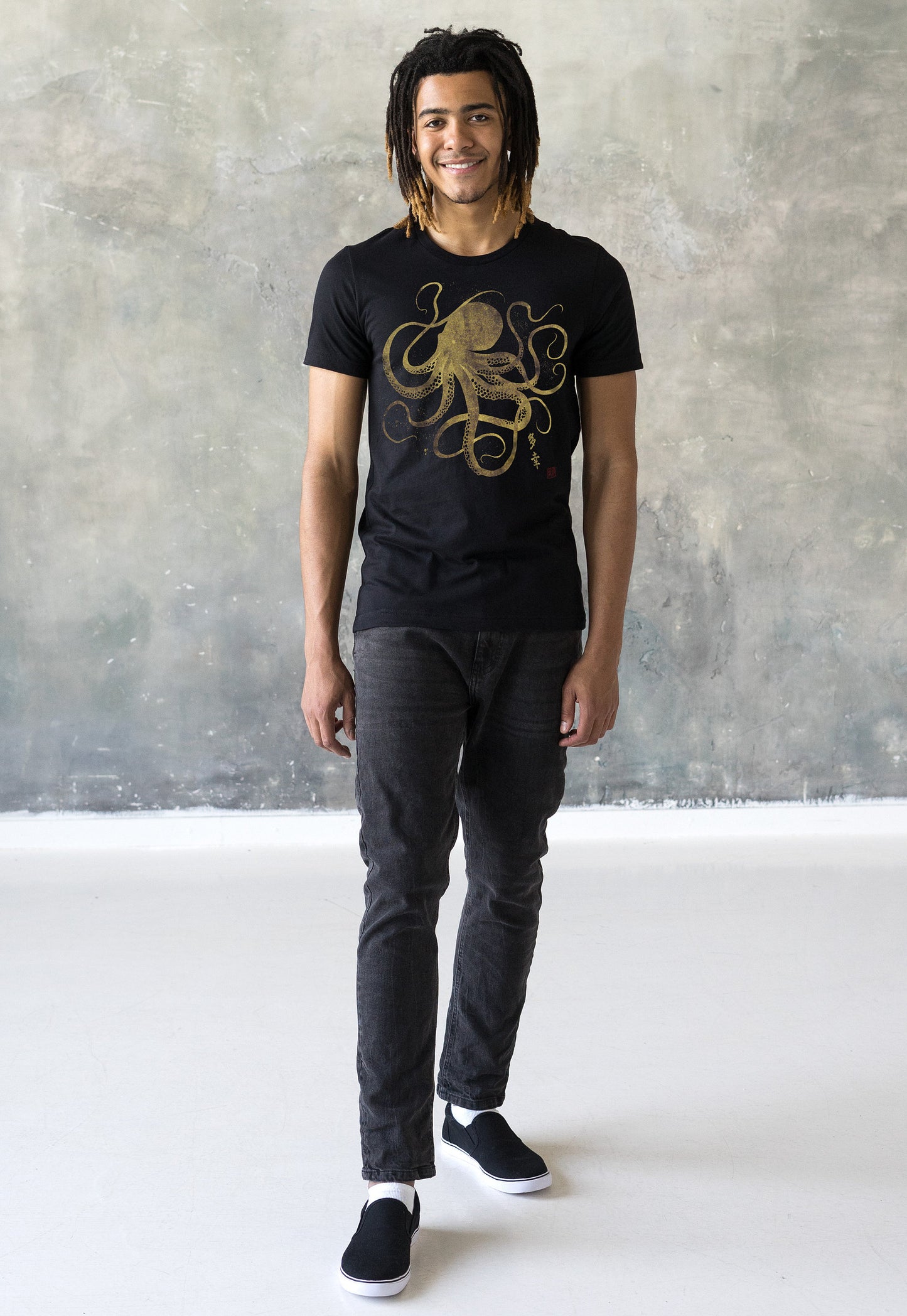 Octopus Japanese Calligraphy T Shirt Gyotaku Traditional Art Japan Anime Manga Gold Print Yoga Martial Arts Samurai Mens Womens Printed Tee