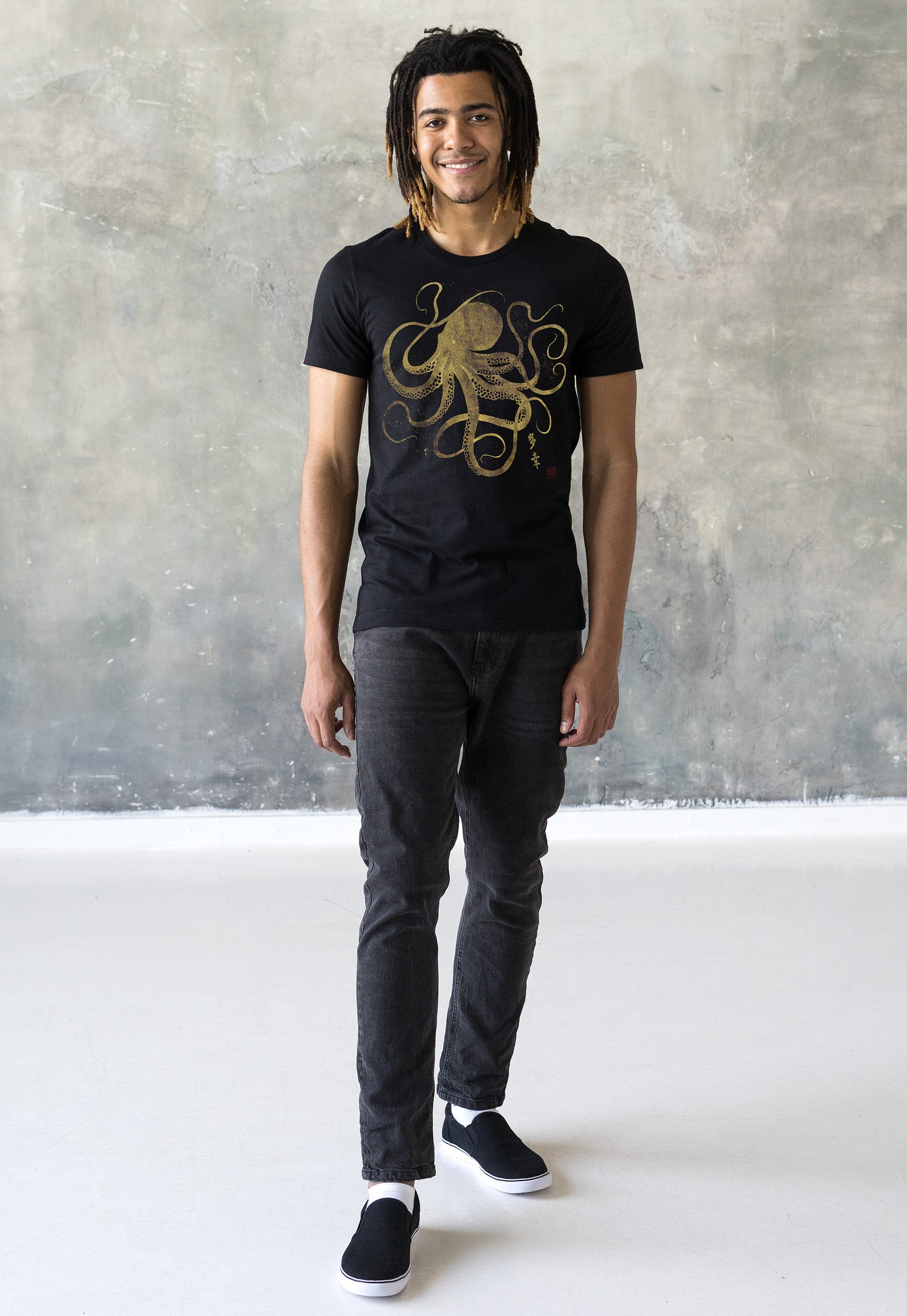Octopus Japanese Calligraphy T Shirt Gyotaku Traditional Art Japan Anime Manga Gold Print Yoga Martial Arts Samurai Mens Womens Printed Tee