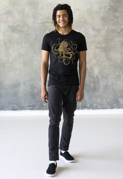 Octopus Japanese Calligraphy T Shirt Gyotaku Traditional Ukiyo-e Japan Anime Manga Gold Print Martial Arts Kawaii Womens Mens Printed Tee