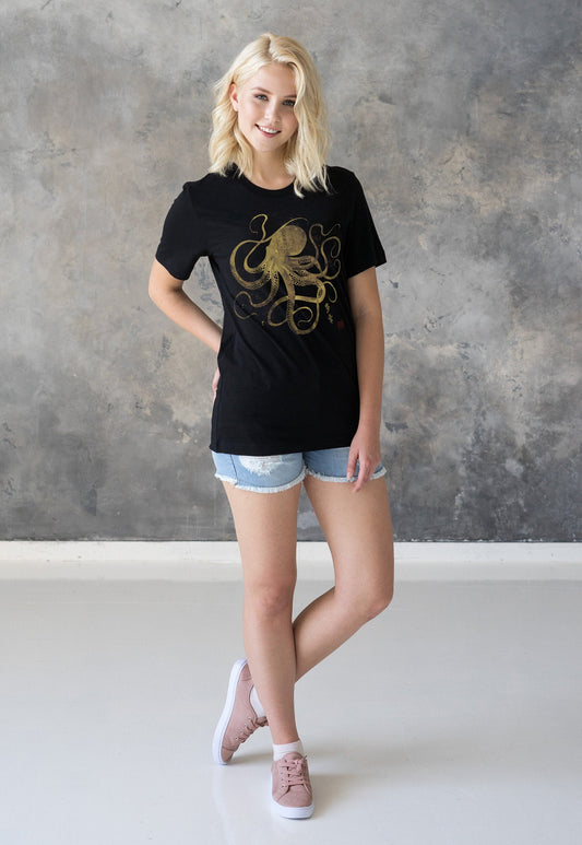 Octopus Japanese Calligraphy T Shirt Gyotaku Traditional Ukiyo-e Japan Anime Manga Gold Print Martial Arts Kawaii Womens Mens Printed Tee