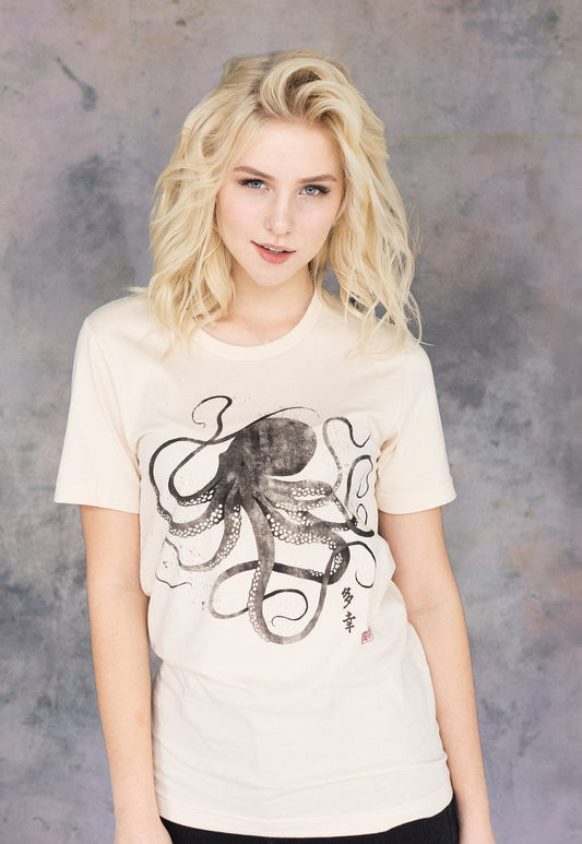 Octopus Japanese Calligraphy T Shirt Gyotaku Traditional Ukiyo-e Japan Anime Manga Kanji Kyoto Martial Arts Kawaii Womens Mens Printed Tee