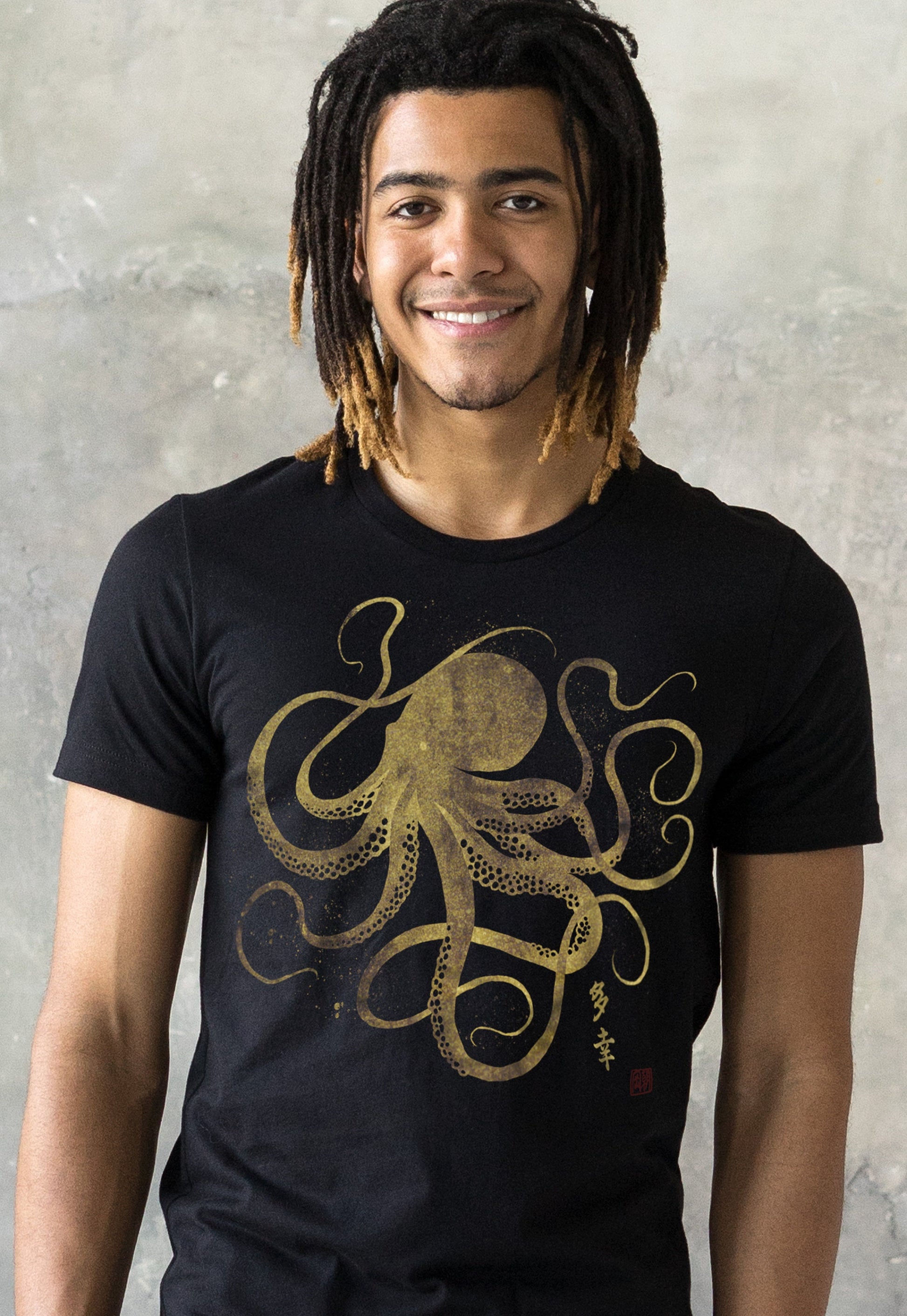 Octopus Japanese Calligraphy T Shirt Gyotaku Traditional Art Japan Anime Manga Gold Print Yoga Martial Arts Samurai Mens Womens Printed Tee