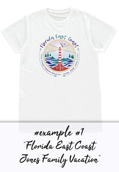 Custom Vacation T Shirt Family Adventure Personalized Name Message Text Country Beach Camping BBQ Lighthouse Airplane Squad Women's Mens Tee