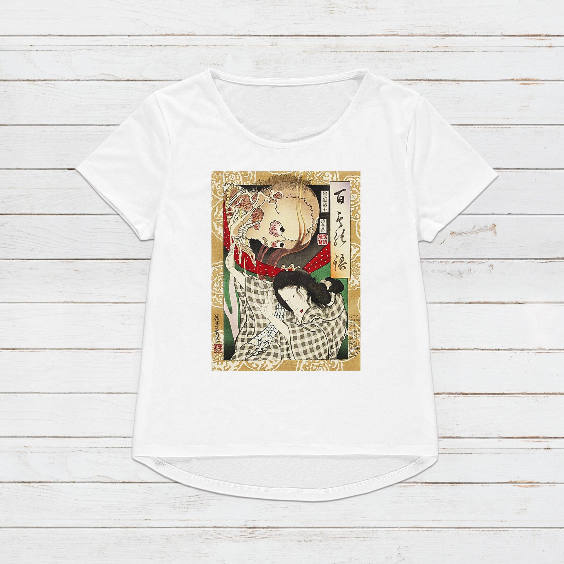 Japanese Ukiyo-e T Shirt Woodblock Art Utagawa Yoshiiku Skeleton Skull Yokai Ghost Monster Horror Japan Calligraphy Womens Mens Printed Tee